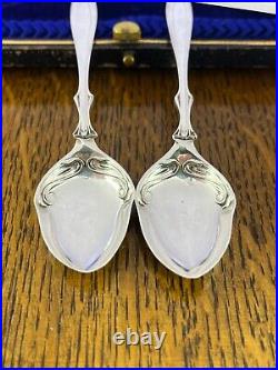 A fabulous set of silver art nouveau 12 tea spoons & tongs Sheffield 1905