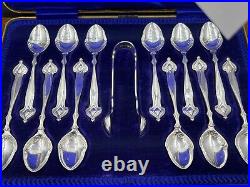 A fabulous set of silver art nouveau 12 tea spoons & tongs Sheffield 1905