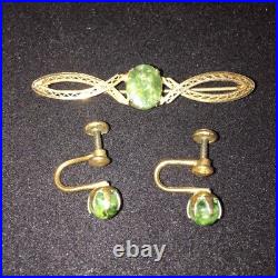 Antique 12k Gold Filled Victorian Art Nouveau Jadeite Brooch & Earrings Set