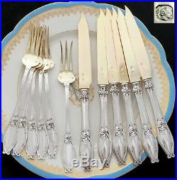 Antique 12pc Art Nouveau French Sterling Silver Dessert Set, Forks & Knives