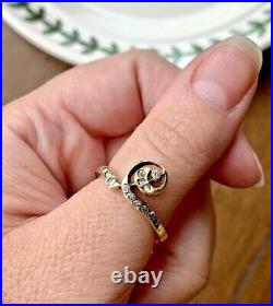 Antique 14 DIAMONDS Art Nouveau 14k Gold Ring Swirled Band Setting Handmade