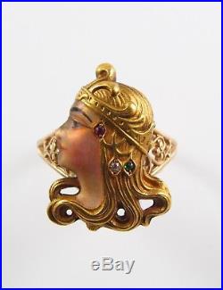 Antique 14k Gold Art Nouveau Enamel & Gem Set Byzantine Lady Ring Size 5.5