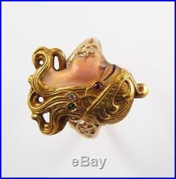 Antique 14k Gold Art Nouveau Enamel & Gem Set Byzantine Lady Ring Size 5.5