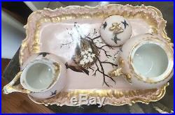 Antique 1892 Pink LIMOGES Porcelain Sugar creamer tea Tray Set Bluebirds Robin