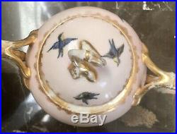 Antique 1892 Pink LIMOGES Porcelain Sugar creamer tea Tray Set Bluebirds Robin
