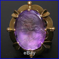 Antique 18k Rose Gold Open Prong Set Hand Carved Oval Amethyst Cameo Large Ring