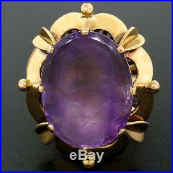 Antique 18k Rose Gold Open Prong Set Hand Carved Oval Amethyst Cameo Large Ring
