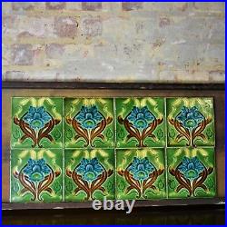 Antique 1900s Daffodil Majolica Art Nouveau Tiles England Relief Moulded Set 7