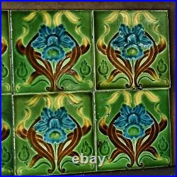 Antique 1900s Daffodil Majolica Art Nouveau Tiles England Relief Moulded Set 7