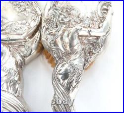 Antique 1904 Art Nouveau Empire Britania Artistic Silver Hand Mirror/ Brush Set