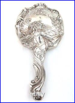 Antique 1904 Art Nouveau Empire Britania Artistic Silver Hand Mirror/ Brush Set