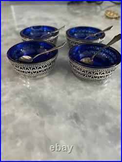 Antique 2 STERLING & BLUE COBALT GLASS SALT CELLARS & SPOONS Set Of 4