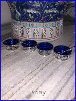 Antique 2 STERLING & BLUE COBALT GLASS SALT CELLARS & SPOONS Set Of 4