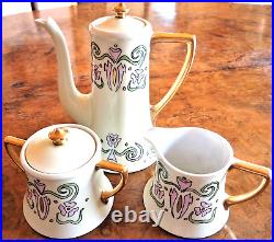 Antique 3 Pc Set Art Nouveau Guerin Limoges Coffee Pot Cream Sugar Hand Painted