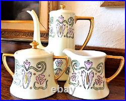 Antique 3 Pc Set Art Nouveau Guerin Limoges Coffee Pot Cream Sugar Hand Painted