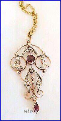 Antique 9ct gold pendant & chain. Set with Amethyst & Seed Pearls. Art Nouveau