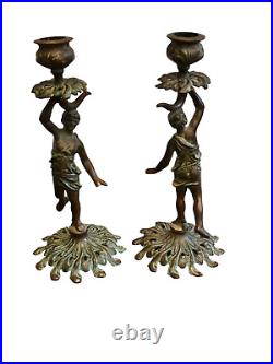 Antique ART NOUVEAU Gilt Iron CANDLESTICK Set of 2 HOLDER WOMAN Water Bearer