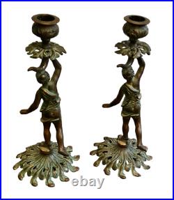 Antique ART NOUVEAU Gilt Iron CANDLESTICK Set of 2 HOLDER WOMAN Water Bearer