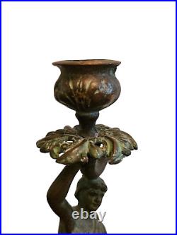 Antique ART NOUVEAU Gilt Iron CANDLESTICK Set of 2 HOLDER WOMAN Water Bearer