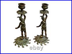 Antique ART NOUVEAU Gilt Iron CANDLESTICK Set of 2 HOLDER WOMAN Water Bearer