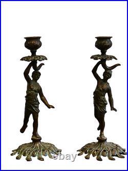 Antique ART NOUVEAU Gilt Iron CANDLESTICK Set of 2 HOLDER WOMAN Water Bearer