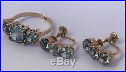 Antique Art Deco Edwardian 10k Rose Gold Blue Zircon Ring & Earrings Set