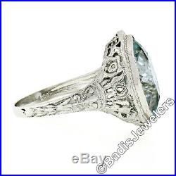 Antique Art Deco Etched Custom Marquise Cut Bezel Set Aquamarine Solitaire Ring