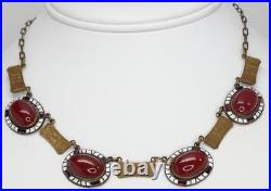 Antique Art Deco Nouveau Carnelian Glass Cab Enamel Brass Bracelet Necklace SET