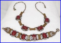 Antique Art Deco Nouveau Carnelian Glass Cab Enamel Brass Bracelet Necklace SET
