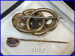 Antique Art Deco Nouveau Victorian Rolled Gold Amethyst Jeweled Snake Brooch Set