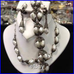 Antique Art Deco Sterling, River Pearl & Marcasite Necklace, Bracelet, Earrings