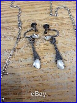 Antique Art Deco Sterling, River Pearl & Marcasite Necklace, Bracelet, Earrings