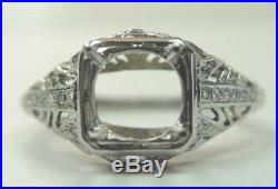 Antique Art Deco Vintage Setting Mounting Ring 18K White Gold Hold 6.5-7MM Fine