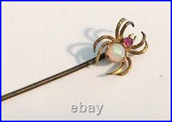 Antique Art Nouveau 10k Stick Pin, Spider, Opal, Red Set