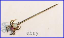 Antique Art Nouveau 10k Stick Pin, Spider, Opal, Red Set