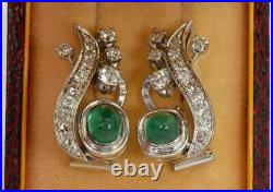 Antique Art-Nouveau 14k w. Gold, Diamonds & Colombian Emeralds Earrings set in box
