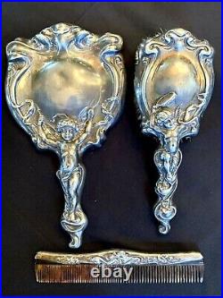 Antique Art Nouveau 3 Piece Vanity Set Derby Silver Co. Silver Plated Circa 1904