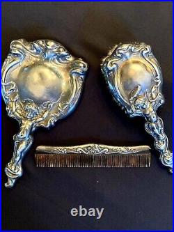 Antique Art Nouveau 3 Piece Vanity Set Derby Silver Co. Silver Plated Circa 1904