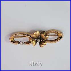 Antique Art Nouveau 4 Leaf Clover Shamrock Diamond & Pearl Set 10K Pin Brooch