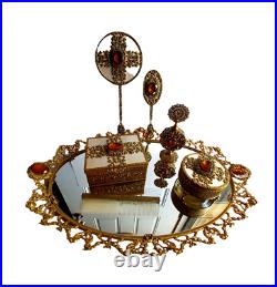 Antique Art Nouveau 7 Pc Gold Gilt Dresser Vanity Set Brush Mirror Perfume etc