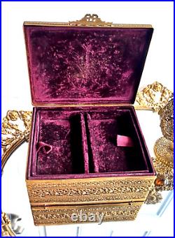 Antique Art Nouveau 7 Pc Gold Gilt Dresser Vanity Set Brush Mirror Perfume etc