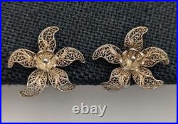 Antique Art Nouveau 800 Silver Flower Filigree Necklace Screw Back Earring Set