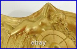 Antique Art Nouveau 8 Figural NUDE Woman Solid Brass Gold Inkwell Desk Set
