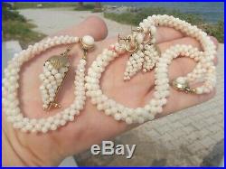 Antique Art Nouveau Angel Skin Coral Silver Necklace Bracelet Earrings Pin Set