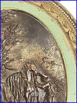 Antique Art Nouveau Bas Relief Hunting Scene Hand Held Mirror & Brush Vanity Set