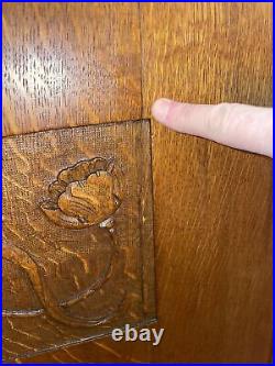 Antique Art Nouveau Carved 3/4 Size Oak High Back Bedroom Set 5 Matching Pieces