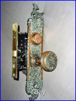 Antique Art Nouveau Complete Door Knob & Lock Set Ornate Entry Cast Bronze 1895