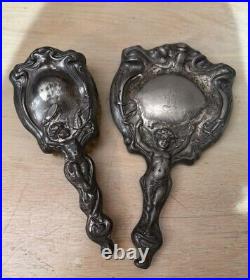 Antique Art Nouveau Cupid Cherub Mirror And Brush VANITY Set Monogram M