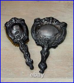 Antique Art Nouveau Cupid Cherub Mirror And Brush VANITY Set Monogram M