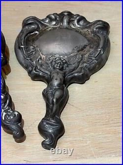 Antique Art Nouveau Cupid Cherub Mirror And Brush VANITY Set Monogram M